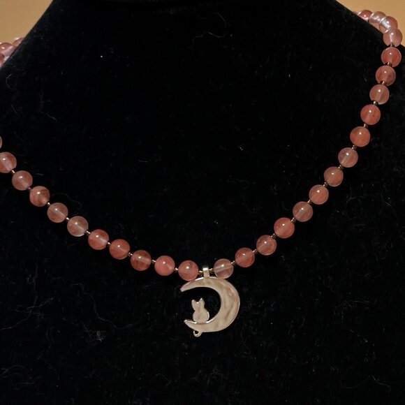 Cherry Quartz Short Necklace with Silver Cat on the Moon Pendant - Picture 3 of 13